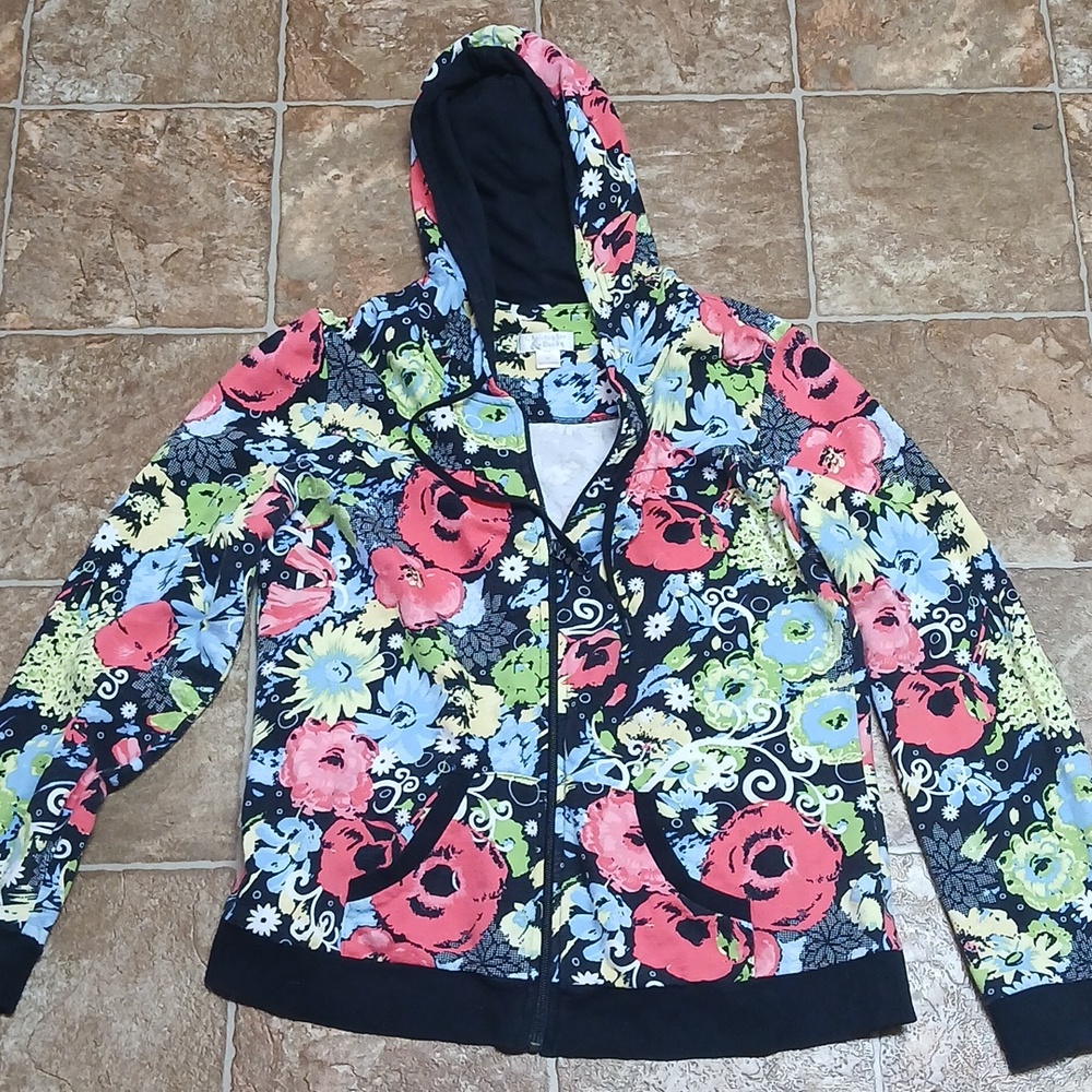EUC Christopher & Banks, red, yellow Blue, Black Floral Zippered Hoodie